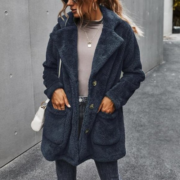 Cuddle Up Button Front Double Pocket Teddy Coat Bl - Picture 5 of 9